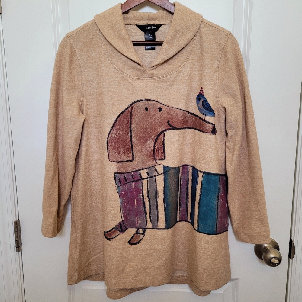 Ali Miles Cowl neck Cozy Warm Oat Overshirt Animal Bird Dog Cat Pattern Small